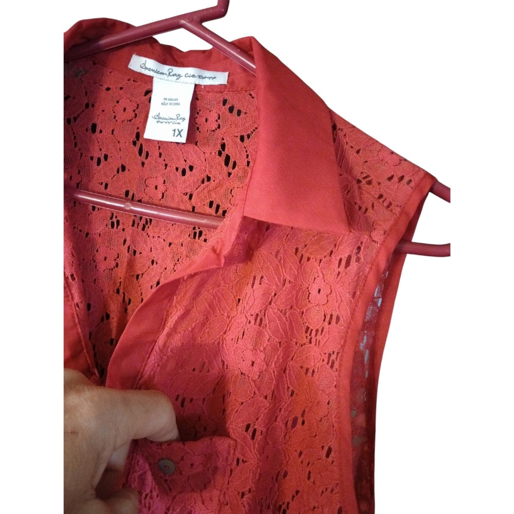 American Rag Red Eyelet Mix Fabric Shirt Dress Country Cottagecore Cowgirl 1X - Picture 4 of 12